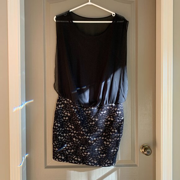 Sweet Storm Black & Nude Lace Mini Dress - Size Large - Party Holiday Classy - Picture 1 of 13